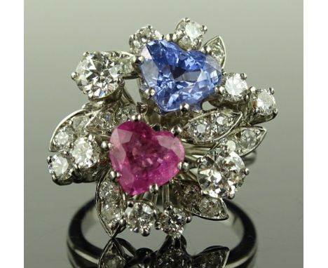 A fancy sapphire and diamond set, abstract floral spray cluster ring, 18ct white gold settings, blue heart-cut sapphire appro