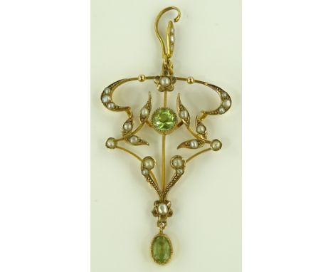 A 9ct gold peridot and seed pearl openwork pendant, total height 54.3mm, 2.5g