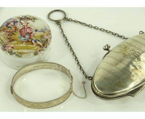 Engraved silver bangle, silver purse and ceramic trinket box, (3)