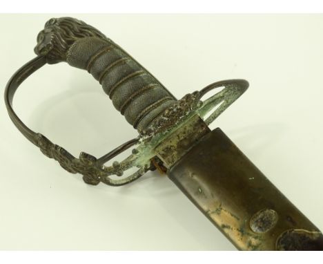 A 19th century Army Officer's sword, blade etched The Royal Scots, cast brass hilt with GR cipher, original brass-mounted lea