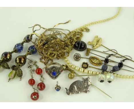Group of various jewellery, including stick pins, chains and brooches