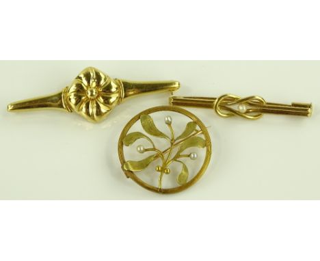 A high carat gold bar brooch, and 2 other seed pearl set brooches, 9.6g gross, (3)