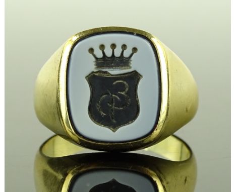 A 14ct gold hardstone set intaglio ring, panel height 14.9mm, size Y, 12.9g
