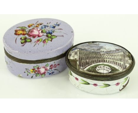 A Bilston enamel patch box depicting Buxton Crescent, 5cm across, together with another enamel patch box (2)