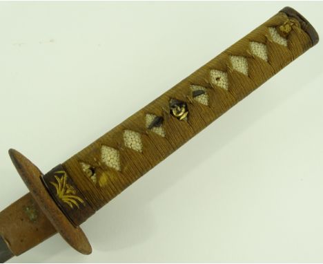 A Japanese sword, late 19th / early 20th century, with iron tsuba and bound shagreen handle, blade length 53cm, leather scabb