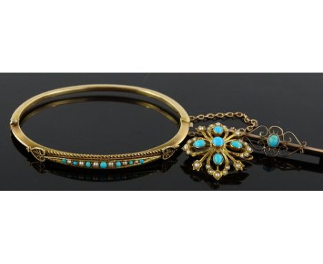 A group of Victorian turquoise and pearl set jewellery, including 15ct turquoise and pearl hinged bangle, 15ct turquoise and 