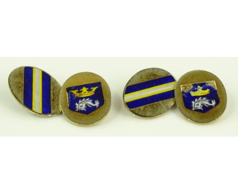 A pair of 9ct gold and enamel cufflinks, decorated with crests, height 19.4mm, 9.2g gross, boxed