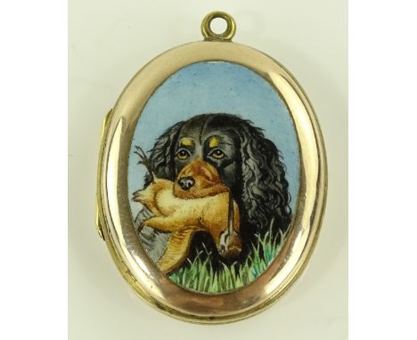 A quality enamelled portrait gun dog locket, 9ct gold back and front, with floral and Greek key engraving, height excluding b