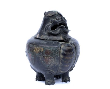 Bronze incense burner Chinese, 19th Century in the form of a creature, with bulbous body decorated with a band of coloured cl