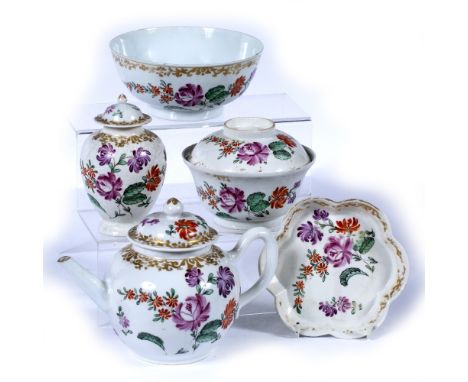 Famille rose part service Chinese, 19th Century including a bullet-shaped teapot and stand and tea caddy (5)