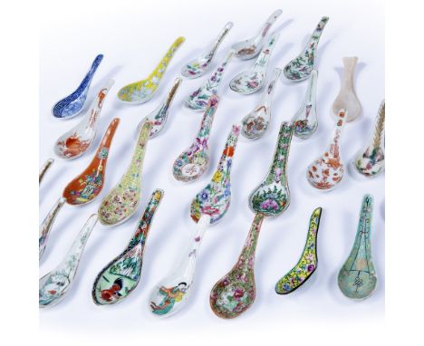 Collection of rice spoons Chinese, 19th/20th Century including Malacca straits, Canton, famille rose and enamel (29)