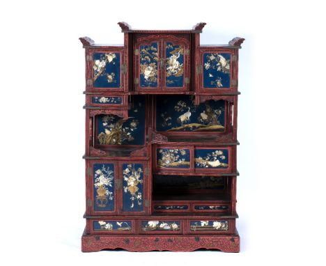 Cinnabar and black lacquer Hatsunedana Japanese, Meiji period fitted cupboards and drawers in two sections divided by display