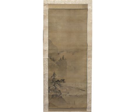 Kano Tanyu (Japanese 1602-1674) Fishing boat in a Chinese style landscape, hanging scroll, ink on silk 94cm x 40cm