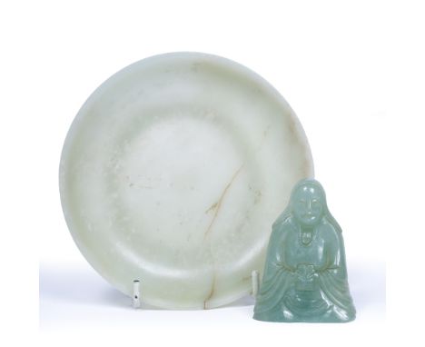 Pale celadon jade figure of a seated goddess holding a book Chinese 7.2cm  and a mutton fat jade shallow saucer style dish on