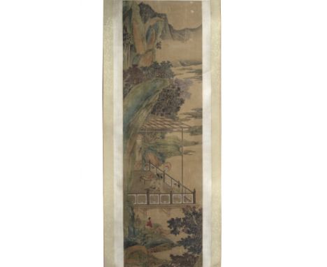 Three Chinese scrolls 18th Century the first after Qiu Ying depicting a terrace scene with ladies in a mountainous landscape,