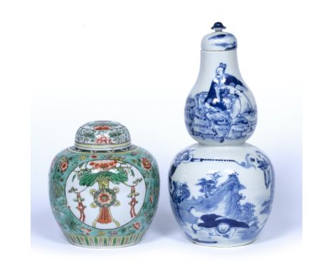 Blue and white double gourd vase Chinese, 19th Century with various auspicious scenes, Kangxi four character mark in blue 27c