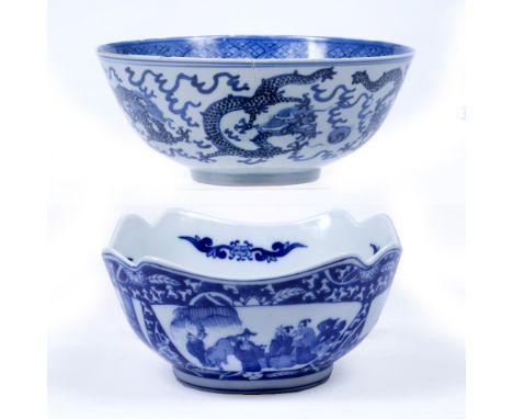 Blue and white porcelain bowl Chinese, 19th Century decorated with dragons, Kangxi nian zhi mark 20cm and a Chinese square bl