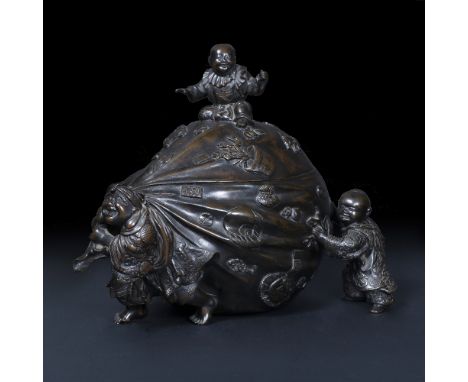 Vessel formed as a sack Japanese, Meiji decorated in relief with the precious objects representing the Takaramono including c