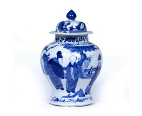 Blue and white baluster vase and cover Chinese, 19th Century decorated with scholars in a garden setting, four character Kang