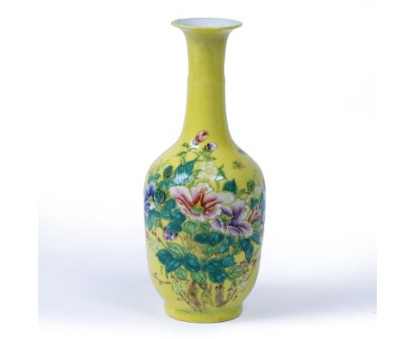 Yellow ground vase Chinese, Hong Xian (1915-1916) painted with floral enamels, made for the hall where ones dwells in benevol