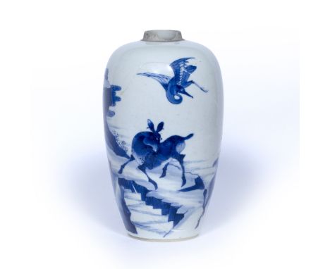 Blue and white jar Chinese, Kangxi (1662-1722) decorated with deer and birds against a mountainous back drop, double circle t