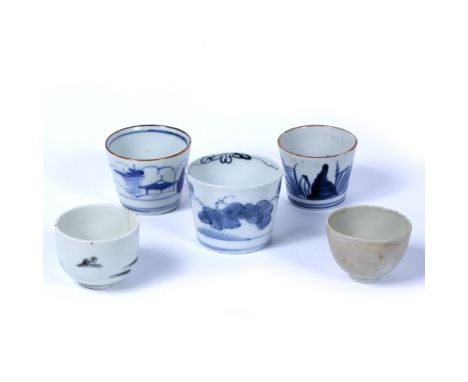 Blue and white tapered cylindrical beaker Japanese, 19th Century shaped teacups decorated melon plant and fruit and birds, in