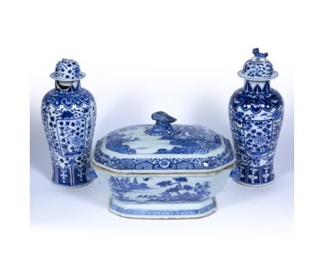 Blue and white export tureen Chinese, circa 1800 with rabbit's head handles 35cm and a pair of Chinese blue and white baluste