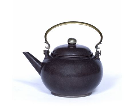 Yixing stoneware polished 'gongju' teapot and cover Chinese, Qing dynasty/18th Century short spout and overhead metal handle,