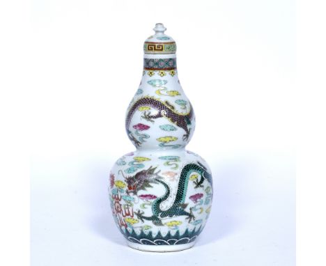 Polychrome double gourd vase Chinese, 19th/20th Century with dragon and flaming pearl painted decoration, six character Kangx
