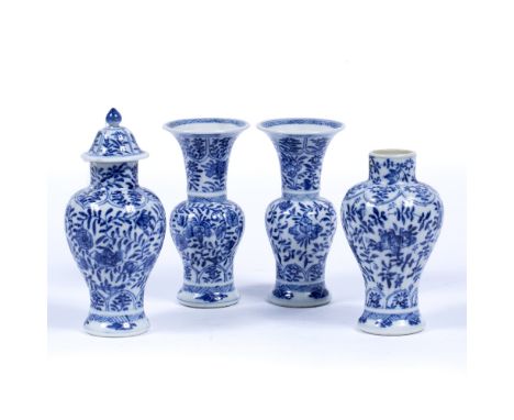 Blue and white garniture of four miniature vases Chinese, Kangxi (1662-1722) paired in baluster and inverted form and decorat