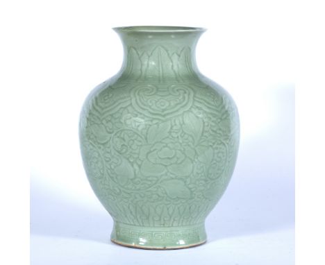 Celadon vase Chinese, 19th Century with leaf ruyi and foliate scroll designs, underglaze blue Yongzheng seal mark 28cm high