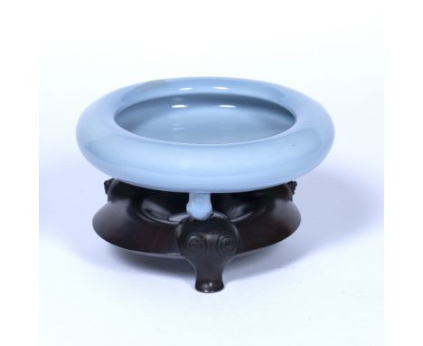 Pale blue monochrome glazed tripod brush washer Chinese, Yongzheng mark, 19th Century of shallow circular form with rounded i