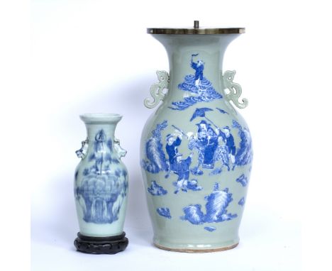 Two celadon vases Chinese, 19th and 20th Century the largest converted for use as a lamp, decorated in blues depicting a figu