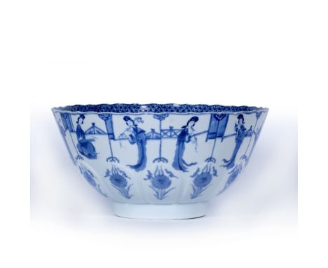 Blue and white bowl Chinese, Kangxi (1662-1722) the rounded body decorated with twelve panels of standing ladies against a ba