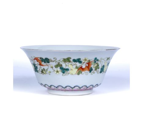 Polychrome enamel decorated bowl Chinese  decorated with a single panel running around the body decorated with fruits, flower