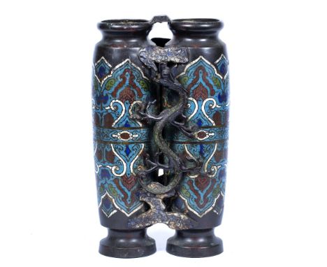 Cloisonne decorated bronze twin cylindrical bodied 'Champions' vase Chinese, 19th Century divided by chi lin dragon and cloud