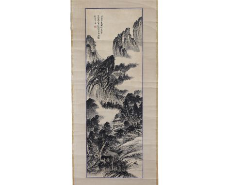 Scroll Chinese Black ink on paper of a mountain landscape measures 101cm x 34cm and one other calligraphy scroll print (2)