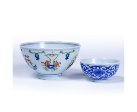 Doucai porcelain bowl Chinese with polychrome enamels, Qianlong seal mark in blue  10cm diameter and a small blue and white p