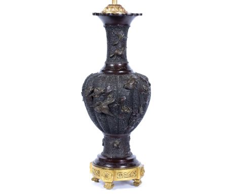 Bronze vase Japanese, Meiji with raised birds and foliage, traces of gilt, mounted as a table lamp with French gilt metal bas