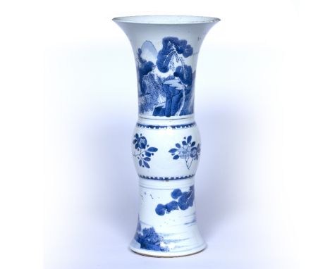 Blue and white yen yen vase Chinese, Kangxi (1662-1722) the top panel decorated with two figures on a river in junk boats aga