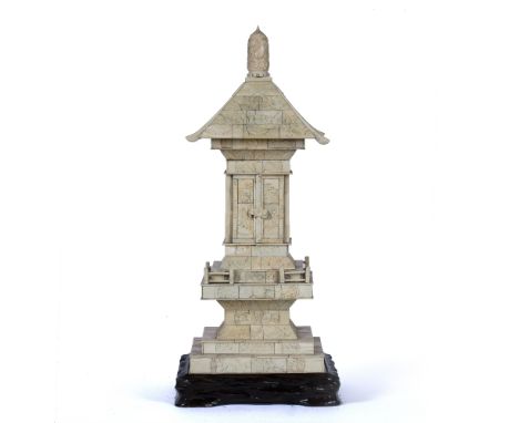 Carved ivory tile house shrine Japanese, late Meiji of square styled pagoda form, carved with a central compartment within wh