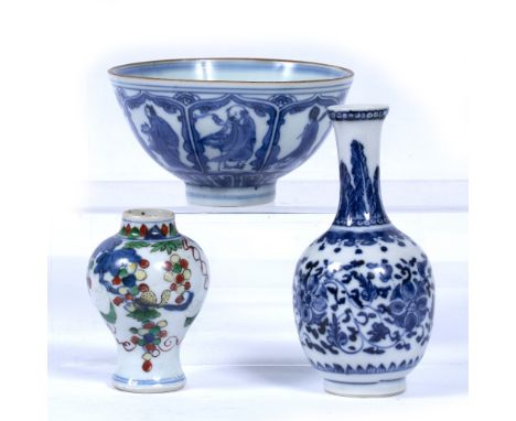 Collection of ceramics Chinese  to include a blue and white transitional/Kangxi bowl 6cm high x 12cm across an 18th Century b