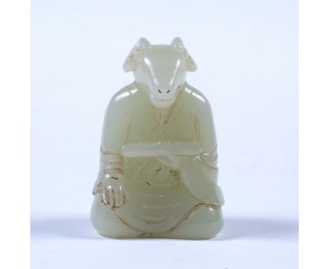 White jade pebble Chinese carved as a goat headed priest holding a scroll 4.5cm high