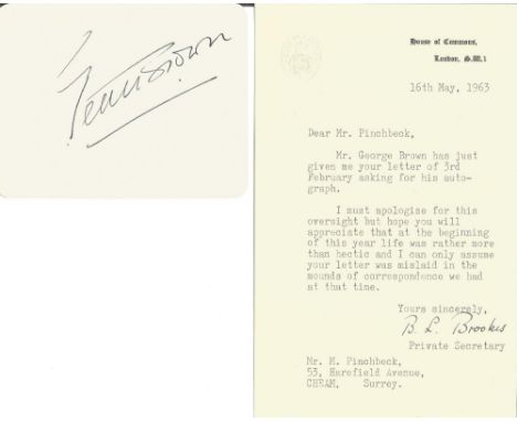 Politics George Brown signed card with covering letter on House of Commons notepaper. George Alfred George Brown, Baron Georg