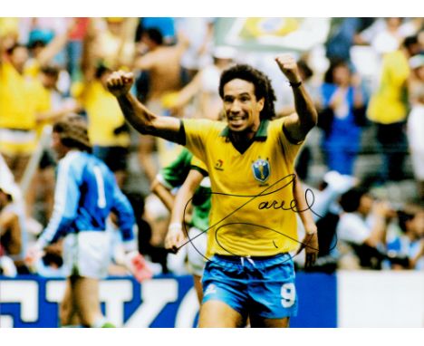 Football Careca signed 16x12 colour photo pictured while playing for Brazil in the 1986 World Cup Finals. Good condition. All