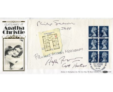 Agatha Christie FDC signed by Hugh Fraser, Pauline Moran and Philip Jackson who starred in the TV series Poirot. Good conditi