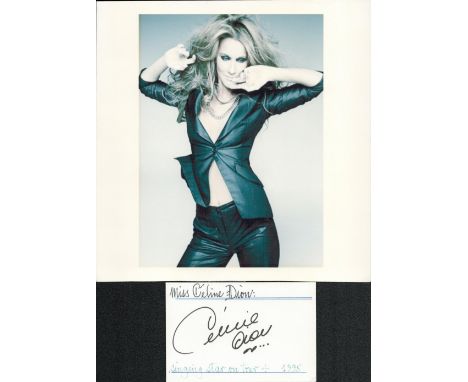 Celine Dion signed 4x3 white card comes with 10x8 colour photo. Good condition. All autographs come with a Certificate of Aut