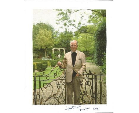 Actor John Gielgud signed card with 10x8 colour image glued above, with some small creases. Sir Arthur John Gielgud was an En