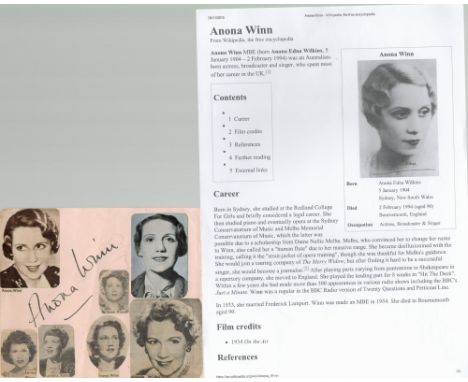 Anona Winn signed 6x5 Album Page. On reverse side is Sydney Kyte. Winn MBE (born Anona Edna Wilkins, 5 January 1904 – 2 Febru
