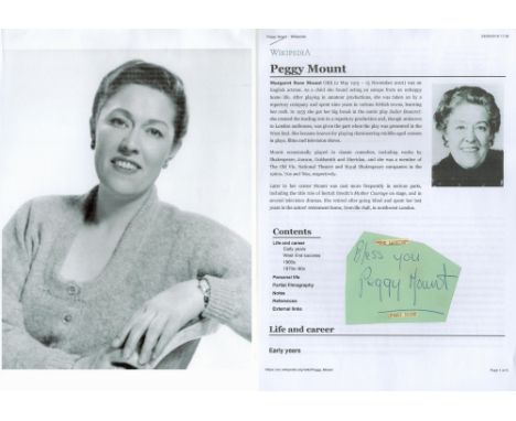 Peggy Mount signed album page cutout. Mount OBE was an English actress. In 1955, she got her big break in the comic play Sail